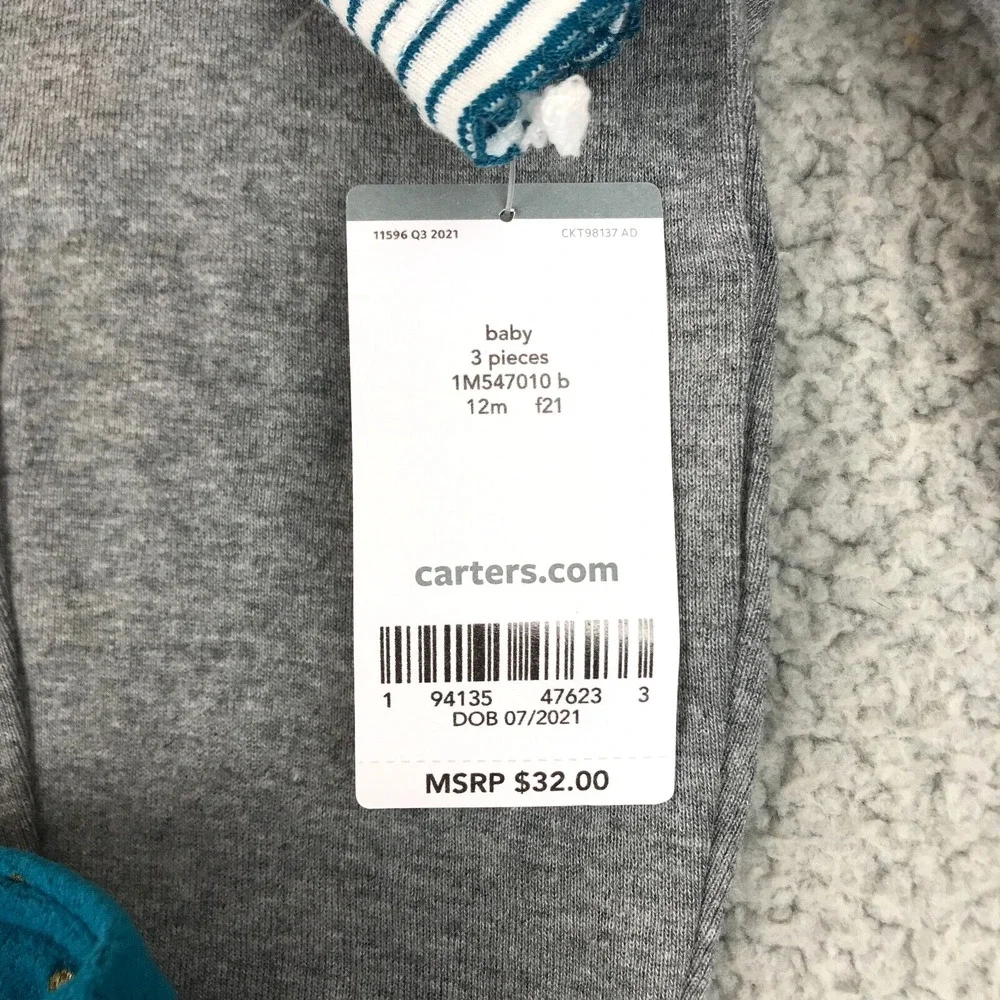 Carters Baby Girls' 3-Pc. Bodysuit Leggings Top Teal Stripes & Dots Set 12M NWT